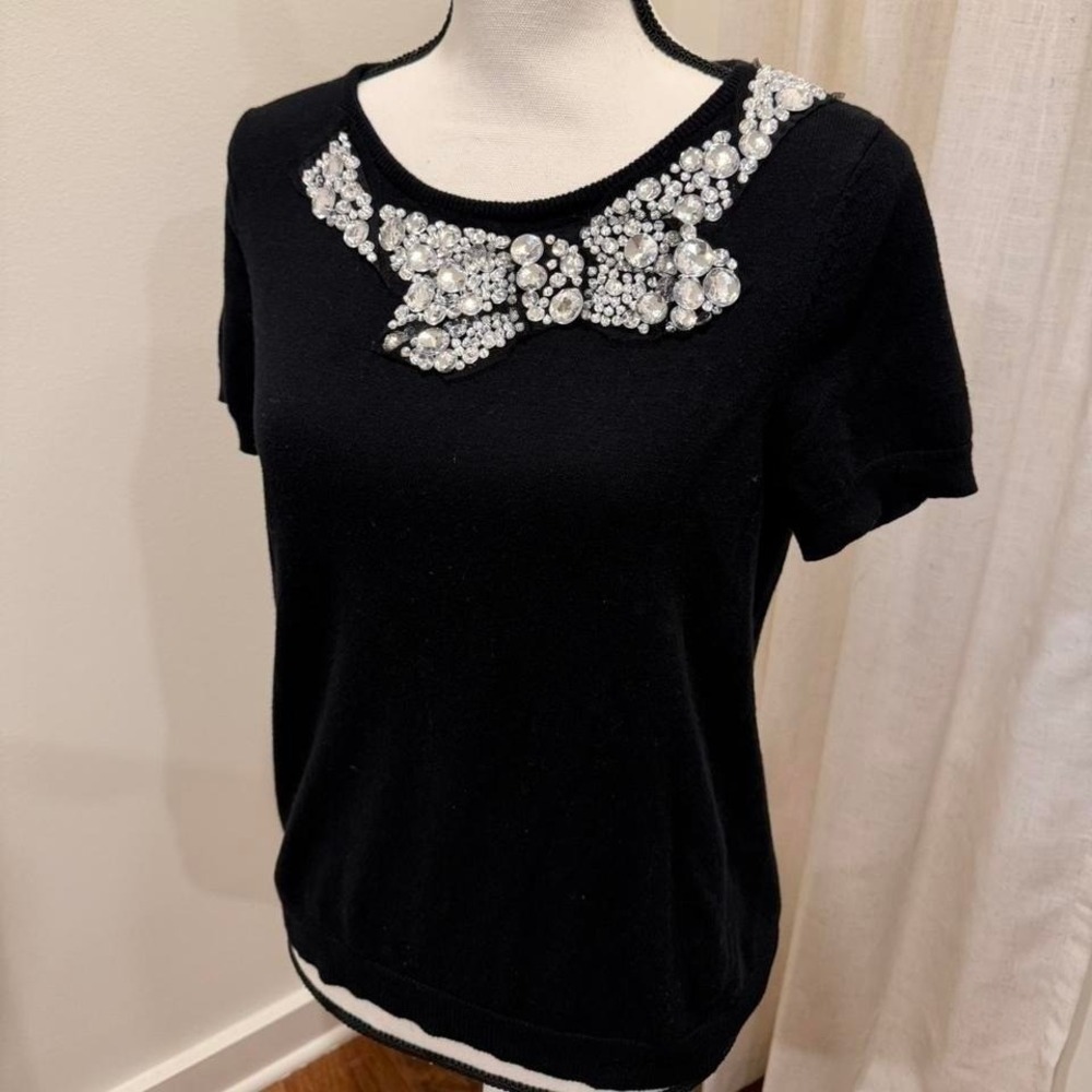 ELLE Womens Black Short Sleeve Knit Sweater Faux Jewel Embellished Neckline M